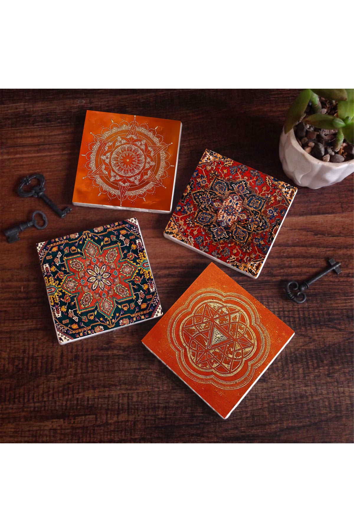 Pinecone Desen, Sri Yantra, Mandala Taş Bardak Altlığı Seti - 4 Parça - Dekoratif, Rustik Mutfak Aksesuarı, 10x10 cm, Kaydırmaz Tabanlı, Şık ve Dayanıklı SC307