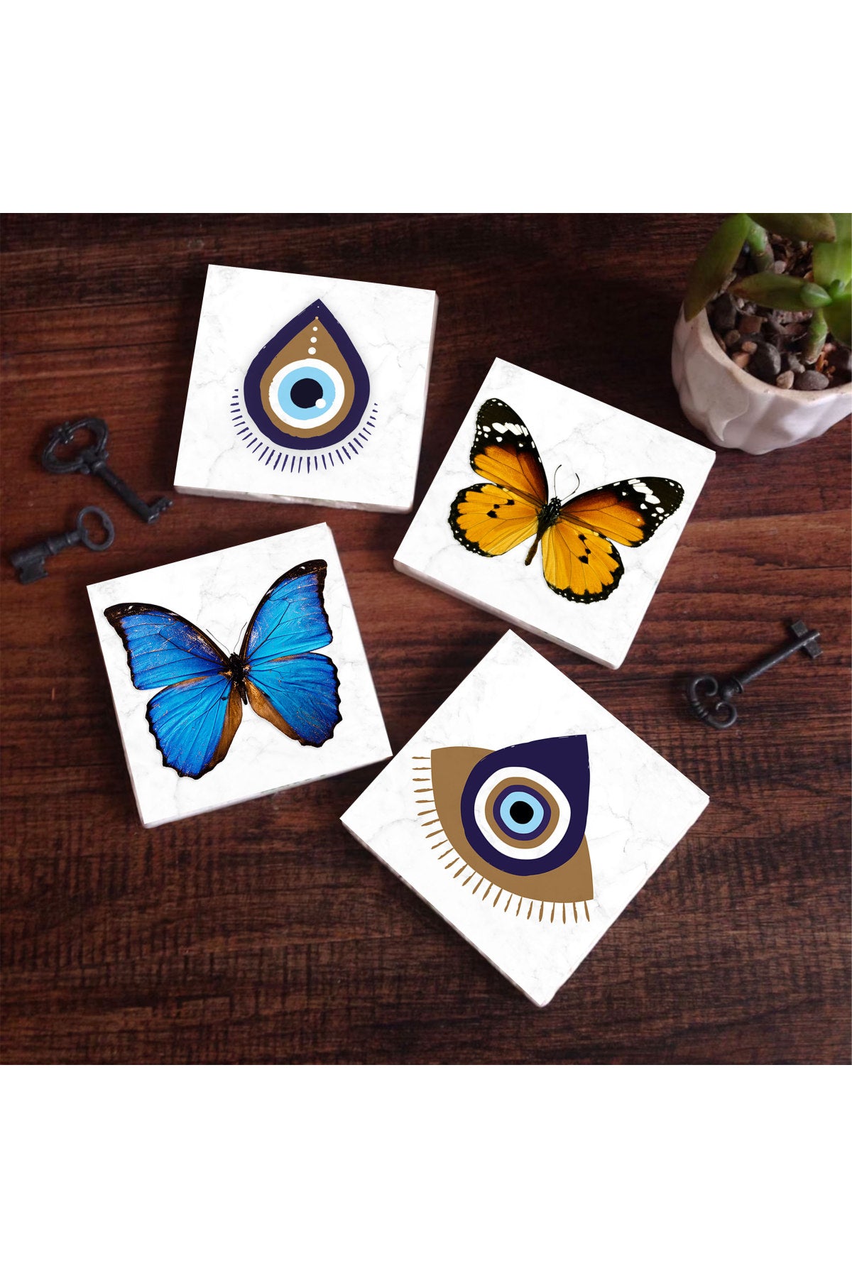 Pinecone Nazar, Kelebek Taş Bardak Altlığı Seti - 4 Parça - Dekoratif, Rustik Mutfak Aksesuarı, 10x10 cm, Kaydırmaz Tabanlı, Şık ve Dayanıklı SC309