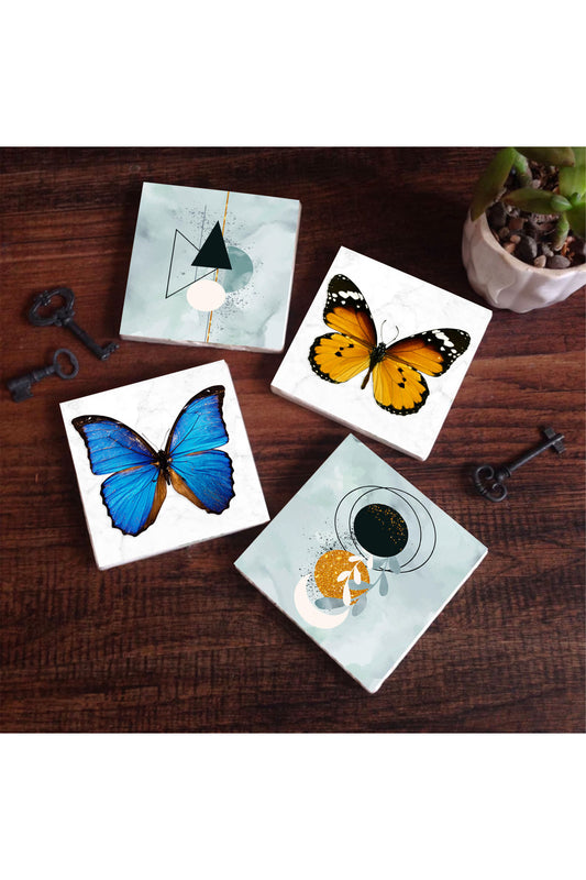 Pinecone Minimalist Soyut, Kelebek Taş Bardak Altlığı Seti - 4 Parça - Dekoratif, Rustik Mutfak Aksesuarı, 10x10 cm, Kaydırmaz Tabanlı, Şık ve Dayanıklı SC310