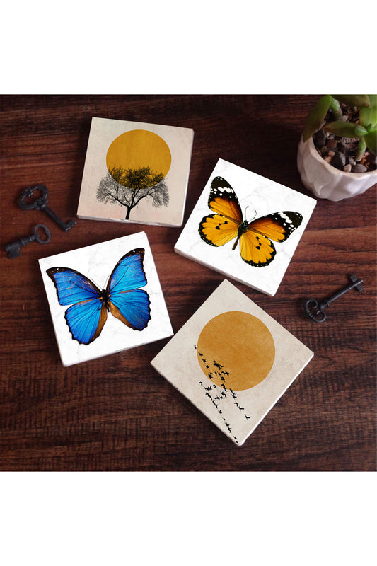 Pinecone Minimalist, Kelebek Taş Bardak Altlığı Seti - 4 Parça - Dekoratif, Rustik Mutfak Aksesuarı, 10x10 cm, Kaydırmaz Tabanlı, Şık ve Dayanıklı SC312