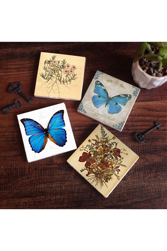 Pinecone Vintage Çiçek, Kelebek Taş Bardak Altlığı Seti - 4 Parça - Dekoratif, Rustik Mutfak Aksesuarı, 10x10 cm, Kaydırmaz Tabanlı, Şık ve Dayanıklı SC314