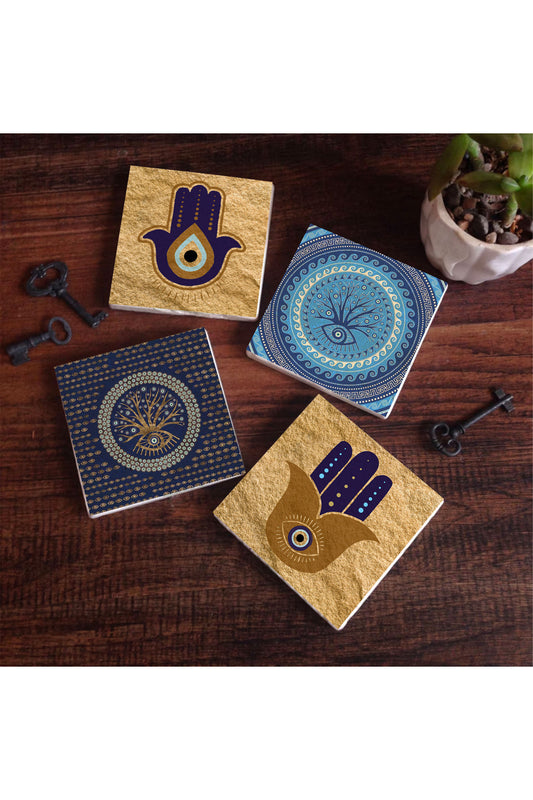 Pinecone Fatma Ana Eli (Hamsa), Nazar Ağaç Taş Bardak Altlığı Seti - 4 Parça - Dekoratif, Rustik Mutfak Aksesuarı, 10x10 cm, Kaydırmaz Tabanlı, Şık ve Dayanıklı SC316