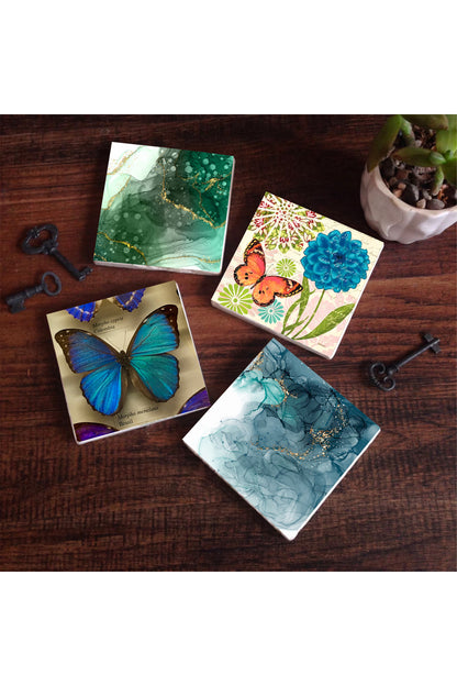 Pinecone Kelebek, Soyut Sanat Taş Bardak Altlığı Seti - 4 Parça - Dekoratif, Rustik Mutfak Aksesuarı, 10x10 cm, Kaydırmaz Tabanlı, Şık ve Dayanıklı SC318