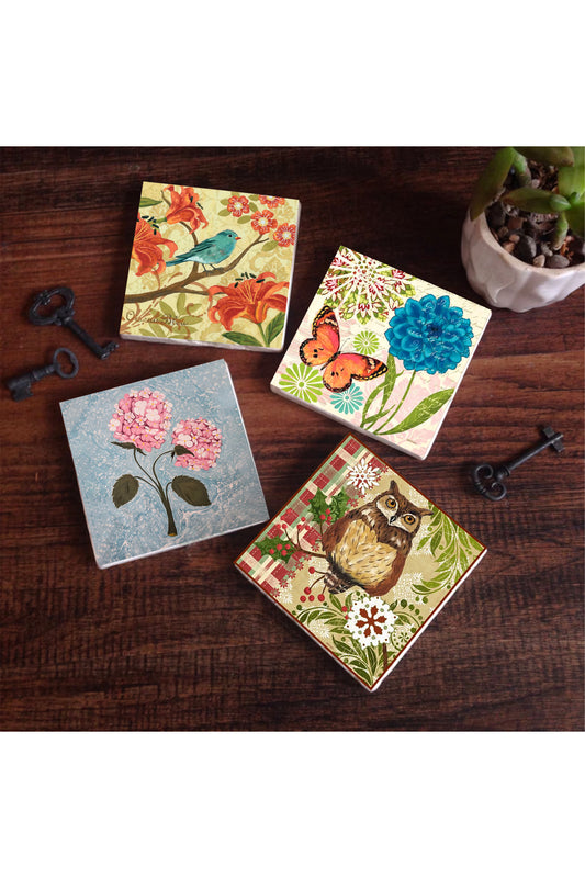 Pinecone Kelebek, Serçe, Pembe Ortanca Çiçeği, Baykuş Taş Bardak Altlığı Seti - 4 Parça - Dekoratif, Rustik Mutfak Aksesuarı, 10x10 cm, Kaydırmaz Tabanlı, Şık ve Dayanıklı SC319