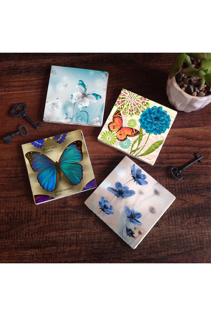 Pinecone Kelebek Taş Bardak Altlığı Seti - 4 Parça - Dekoratif, Rustik Mutfak Aksesuarı, 10x10 cm, Kaydırmaz Tabanlı, Şık ve Dayanıklı SC320