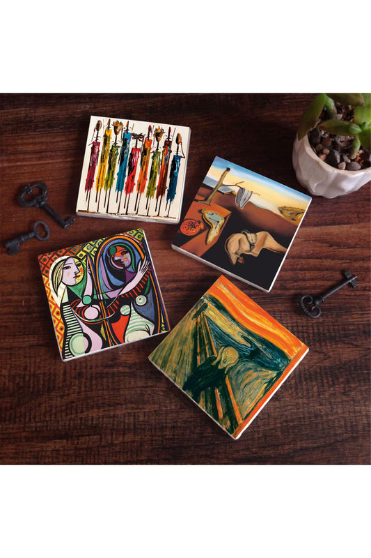 Pinecone Dalí Belleğin Azmi, Picasso Ayna Karşısındaki Kız, Çığlık, Yerli Kadınlar Taş Bardak Altlığı Seti - 4 Parça - Dekoratif, Rustik Mutfak Aksesuarı, 10x10 cm, Kaydırmaz TabanlıSC321