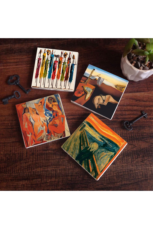 Pinecone Salvador Dalí Belleğin Azmi, Picasso Avignonlu Kızlar, Çığlık, Yerli Kadınlar Taş Bardak Altlığı Seti - 4 Parça - Dekoratif, Rustik Mutfak Aksesuarı, 10x10 cm, Kaydırmaz TabanlıSC322