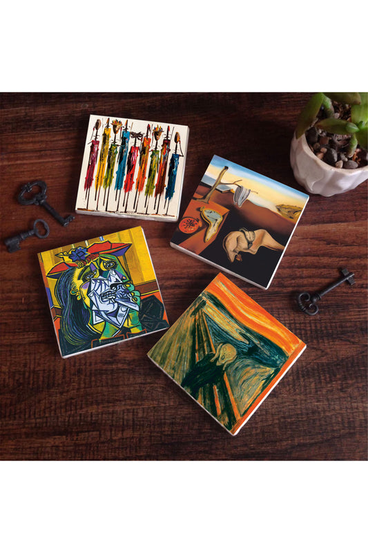 Pinecone Salvador Dalí Belleğin Azmi, Picasso Ağlayan Kadın, Çığlık, Yerli Kadınlar Taş Bardak Altlığı Seti - 4 Parça - Dekoratif, Rustik Mutfak Aksesuarı, 10x10 cm, Kaydırmaz TabanlıSC323