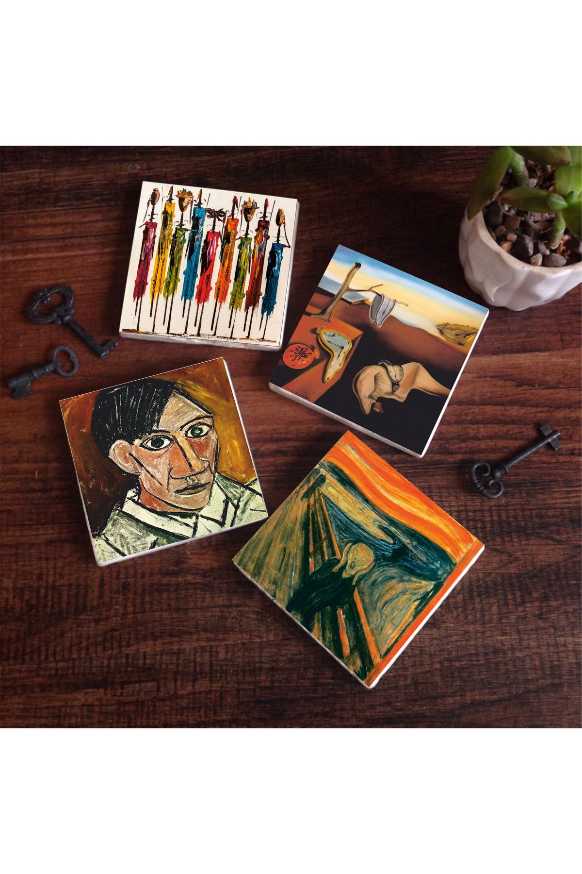 Pinecone Salvador Dalí Belleğin Azmi, Picasso Otoportre, Çığlık, Yerli Kadınlar Taş Bardak Altlığı Seti - 4 Parça - Dekoratif, Rustik Mutfak Aksesuarı, 10x10 cm, Kaydırmaz TabanlıSC324