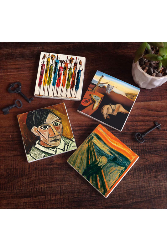 Pinecone Salvador Dalí Belleğin Azmi, Picasso Otoportre, Çığlık, Yerli Kadınlar Taş Bardak Altlığı Seti - 4 Parça - Dekoratif, Rustik Mutfak Aksesuarı, 10x10 cm, Kaydırmaz TabanlıSC324