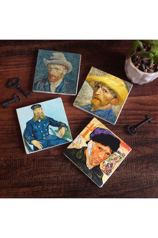 Pinecone Van Gogh Otoportre Taş Bardak Altlığı Seti - 4 Parça - Dekoratif, Rustik Mutfak Aksesuarı, 10x10 cm, Kaydırmaz Tabanlı, Şık ve Dayanıklı SC325