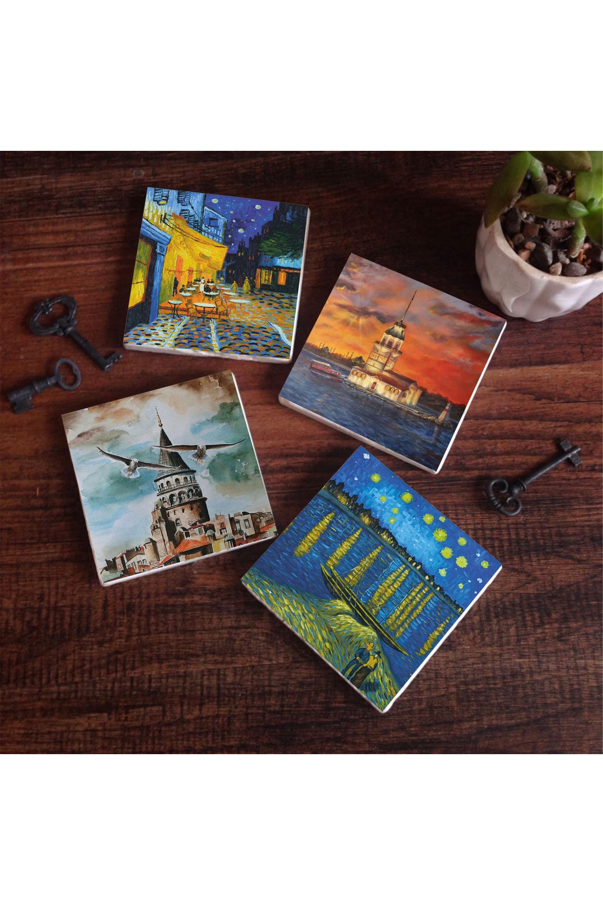Pinecone Van Gogh Ren Nehri, Kafe Terasta Gece, İstanbul Galata Kulesi, Kız Kulesi Taş Bardak Altlığı Seti - 4 Parça - Dekoratif, Rustik Mutfak Aksesuarı, 10x10 cm, Kaydırmaz TabanlıSC327