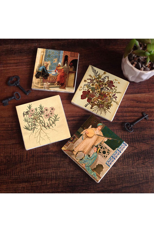 Pinecone Vintage Çiçek, Satranç Oyunu, İki Müzisyen Kız Taş Bardak Altlığı Seti - 4 Parça - Dekoratif, Rustik Mutfak Aksesuarı, 10x10 cm, Kaydırmaz Tabanlı, Şık ve Dayanıklı SC337