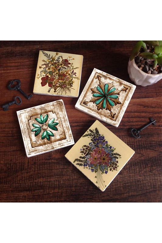 Pinecone Vintage Çiçek, Fas Desenli Vintage Taş Bardak Altlığı Seti - 4 Parça - Dekoratif, Rustik Mutfak Aksesuarı, 10x10 cm, Kaydırmaz Tabanlı, Şık ve Dayanıklı SC338