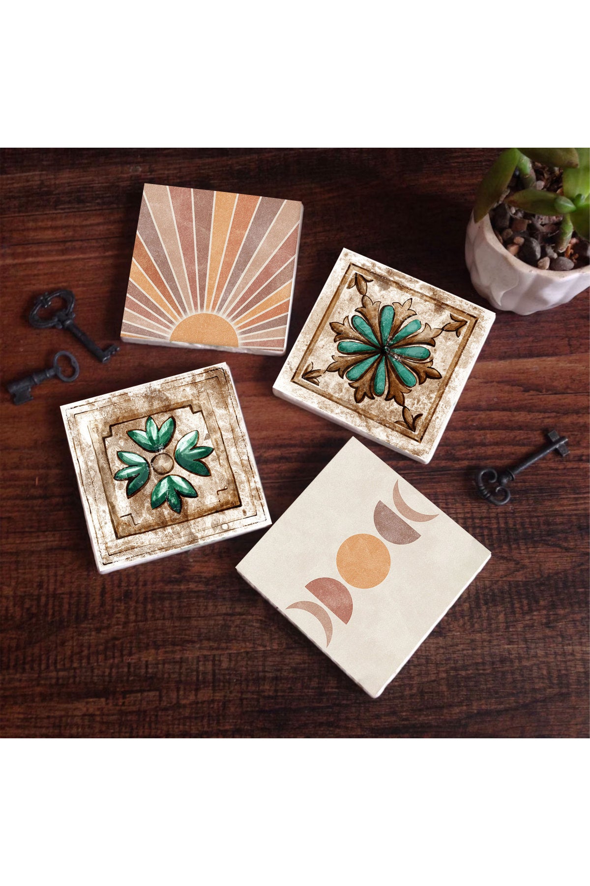Pinecone Minimalist Soyut, Fas Desenli Vintage Taş Bardak Altlığı Seti - 4 Parça - Dekoratif, Rustik Mutfak Aksesuarı, 10x10 cm, Kaydırmaz Tabanlı, Şık ve Dayanıklı SC339