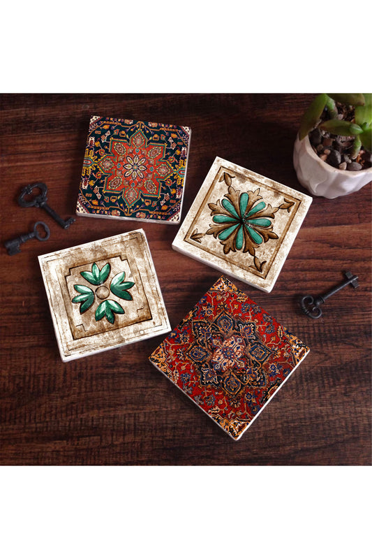 Pinecone Desen, Fas Desenli Vintage Taş Bardak Altlığı Seti - 4 Parça - Dekoratif, Rustik Mutfak Aksesuarı, 10x10 cm, Kaydırmaz Tabanlı, Şık ve Dayanıklı SC340