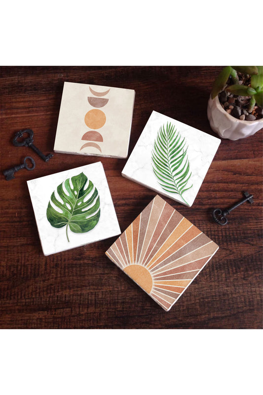Pinecone Minimalist Soyut, Yaprak Taş Bardak Altlığı Seti - 4 Parça - Dekoratif, Rustik Mutfak Aksesuarı, 10x10 cm, Kaydırmaz Tabanlı, Şık ve Dayanıklı SC341