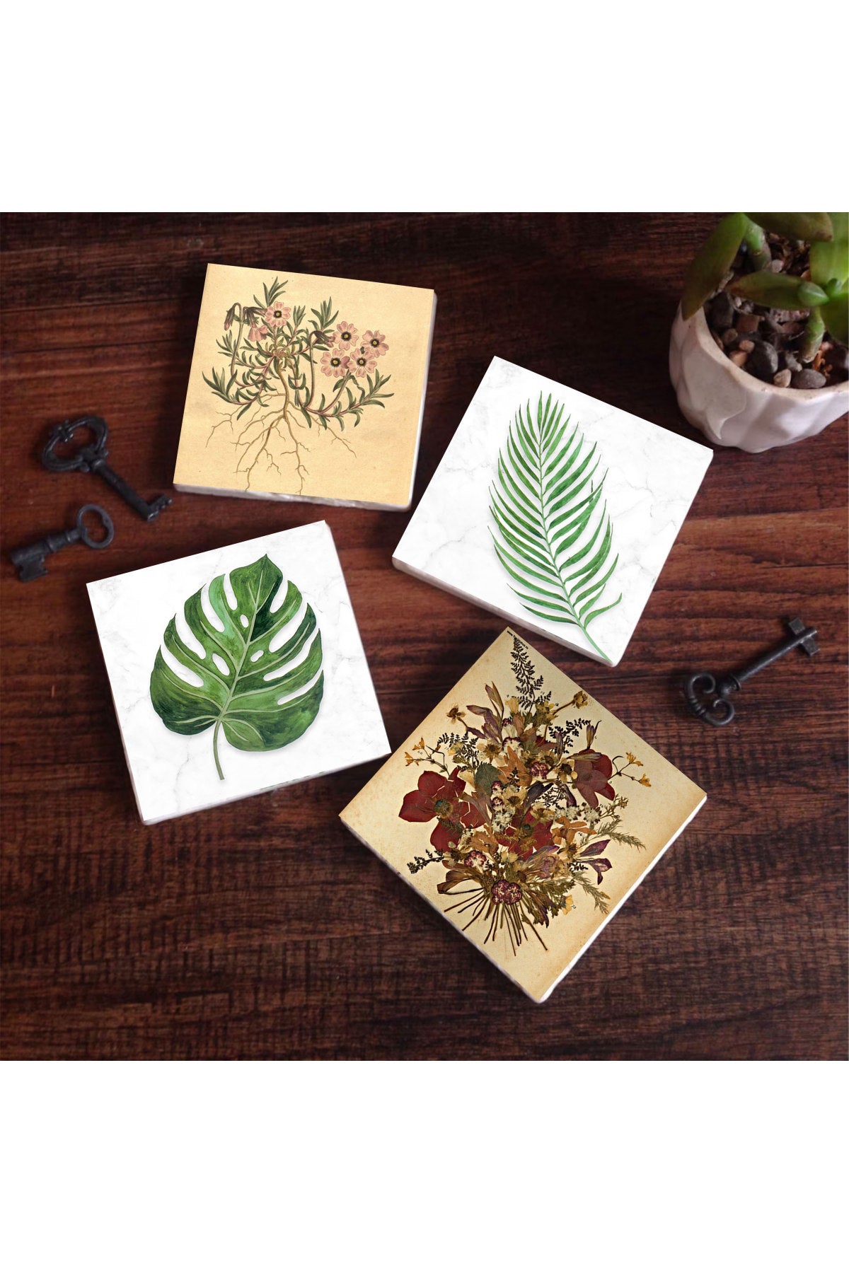 Pinecone Vintage Çiçek, Yaprak Taş Bardak Altlığı Seti - 4 Parça - Dekoratif, Rustik Mutfak Aksesuarı, 10x10 cm, Kaydırmaz Tabanlı, Şık ve Dayanıklı SC342