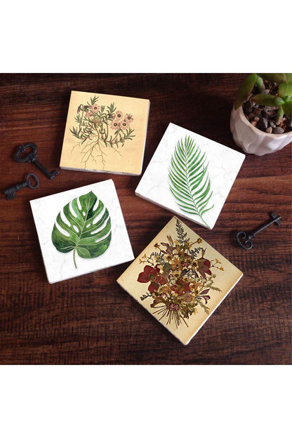 Pinecone Vintage Çiçek, Yaprak Taş Bardak Altlığı Seti - 4 Parça - Dekoratif, Rustik Mutfak Aksesuarı, 10x10 cm, Kaydırmaz Tabanlı, Şık ve Dayanıklı SC342