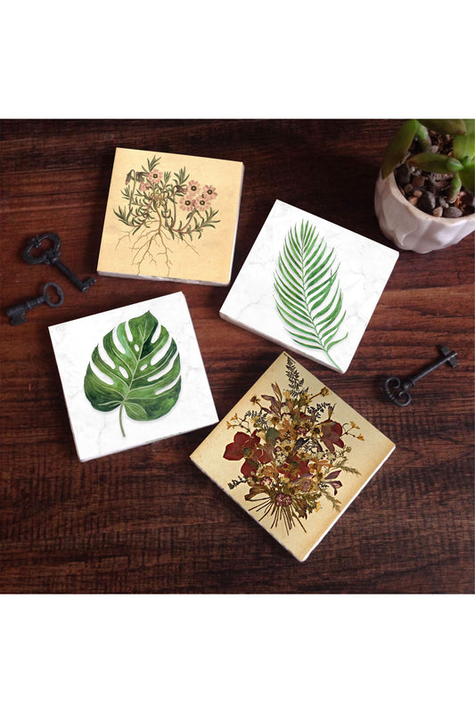Pinecone Vintage Çiçek, Yaprak Taş Bardak Altlığı Seti - 4 Parça - Dekoratif, Rustik Mutfak Aksesuarı, 10x10 cm, Kaydırmaz Tabanlı, Şık ve Dayanıklı SC342