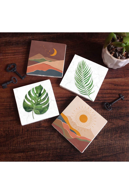 Pinecone Bohem, Yaprak Taş Bardak Altlığı Seti - 4 Parça - Dekoratif, Rustik Mutfak Aksesuarı, 10x10 cm, Kaydırmaz Tabanlı, Şık ve Dayanıklı SC343