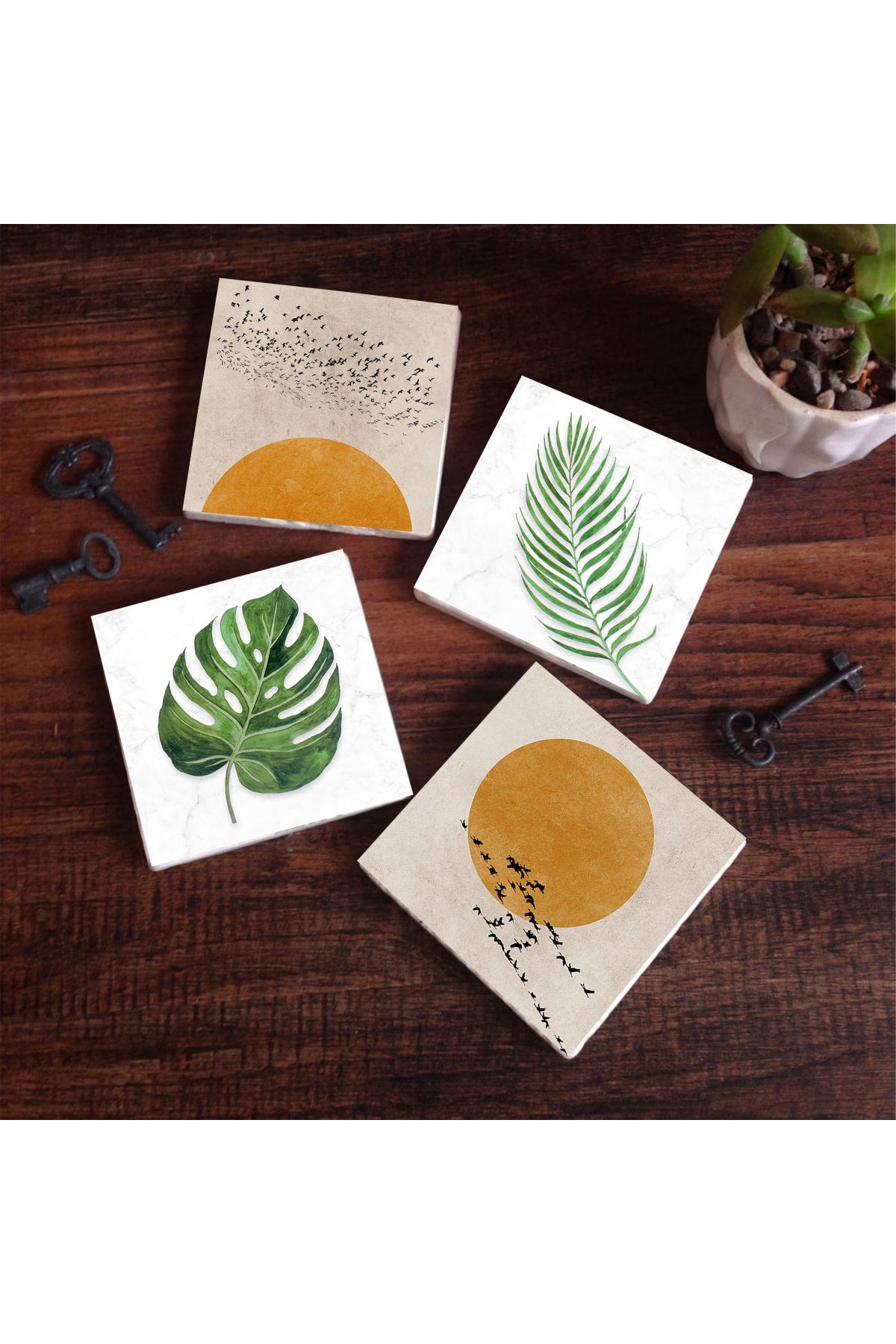 Pinecone Minimalist, Yaprak Taş Bardak Altlığı Seti - 4 Parça - Dekoratif, Rustik Mutfak Aksesuarı, 10x10 cm, Kaydırmaz Tabanlı, Şık ve Dayanıklı SC344