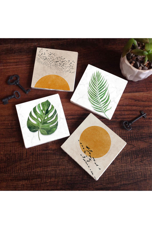 Pinecone Minimalist, Yaprak Taş Bardak Altlığı Seti - 4 Parça - Dekoratif, Rustik Mutfak Aksesuarı, 10x10 cm, Kaydırmaz Tabanlı, Şık ve Dayanıklı SC344