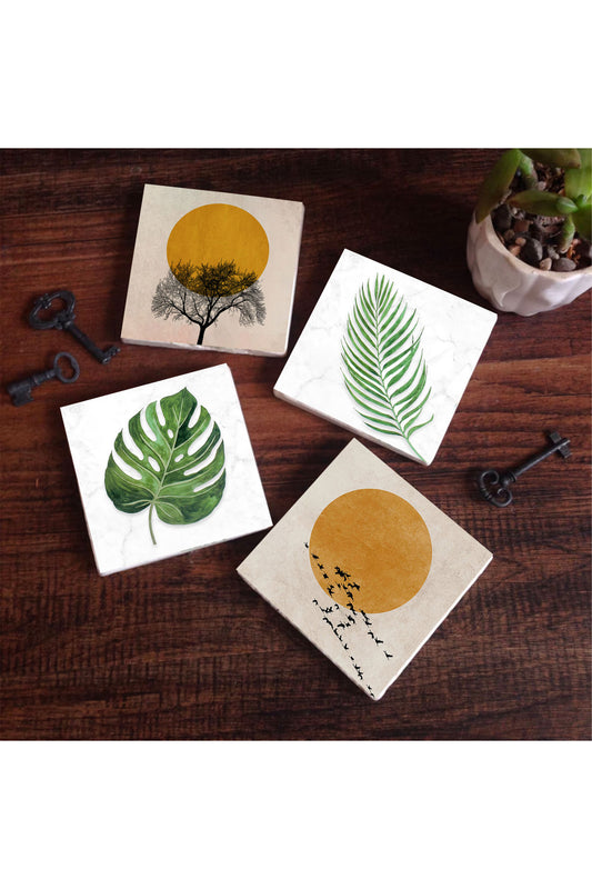 Pinecone Minimalist, Yaprak Taş Bardak Altlığı Seti - 4 Parça - Dekoratif, Rustik Mutfak Aksesuarı, 10x10 cm, Kaydırmaz Tabanlı, Şık ve Dayanıklı SC345