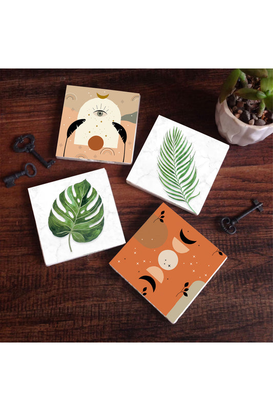 Pinecone Bohem, Yaprak Taş Bardak Altlığı Seti - 4 Parça - Dekoratif, Rustik Mutfak Aksesuarı, 10x10 cm, Kaydırmaz Tabanlı, Şık ve Dayanıklı SC346