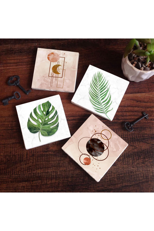 Pinecone Minimalist Soyut, Yaprak Taş Bardak Altlığı Seti - 4 Parça - Dekoratif, Rustik Mutfak Aksesuarı, 10x10 cm, Kaydırmaz Tabanlı, Şık ve Dayanıklı SC347
