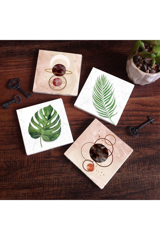 Pinecone Minimalist Soyut, Yaprak Taş Bardak Altlığı Seti - 4 Parça - Dekoratif, Rustik Mutfak Aksesuarı, 10x10 cm, Kaydırmaz Tabanlı, Şık ve Dayanıklı SC348