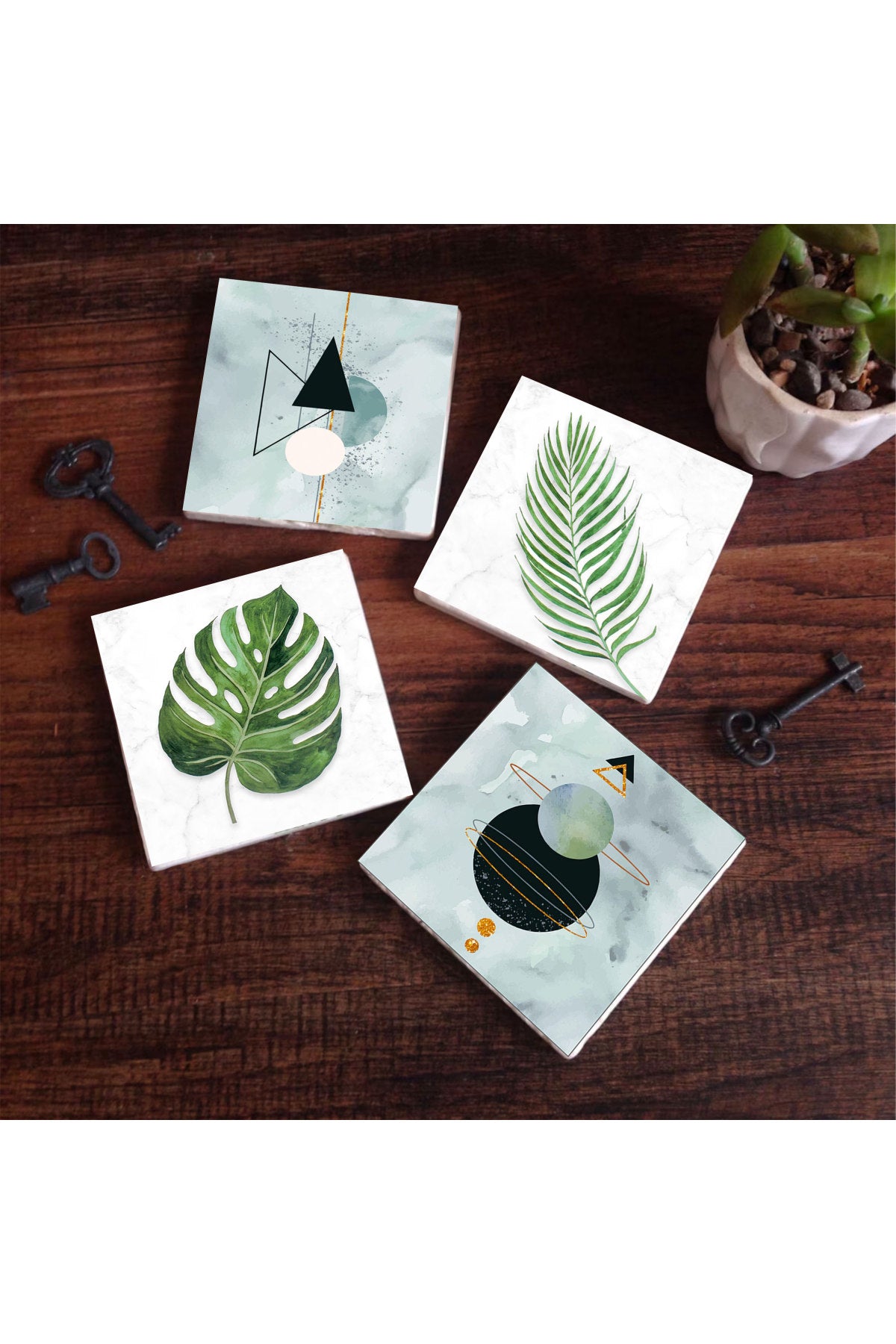 Pinecone Minimalist Soyut, Yaprak Taş Bardak Altlığı Seti - 4 Parça - Dekoratif, Rustik Mutfak Aksesuarı, 10x10 cm, Kaydırmaz Tabanlı, Şık ve Dayanıklı SC349