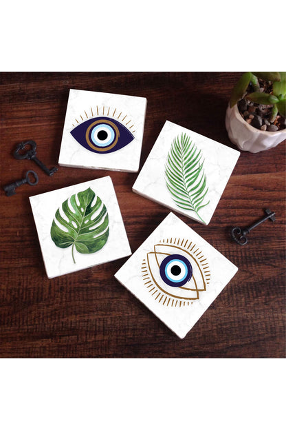 Pinecone Nazar, Yaprak Taş Bardak Altlığı Seti - 4 Parça - Dekoratif, Rustik Mutfak Aksesuarı, 10x10 cm, Kaydırmaz Tabanlı, Şık ve Dayanıklı SC352