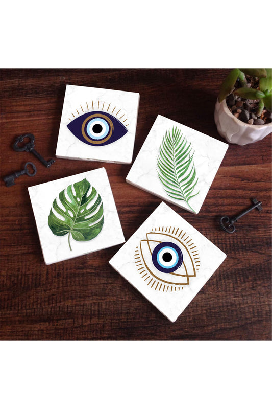 Pinecone Nazar, Yaprak Taş Bardak Altlığı Seti - 4 Parça - Dekoratif, Rustik Mutfak Aksesuarı, 10x10 cm, Kaydırmaz Tabanlı, Şık ve Dayanıklı SC352
