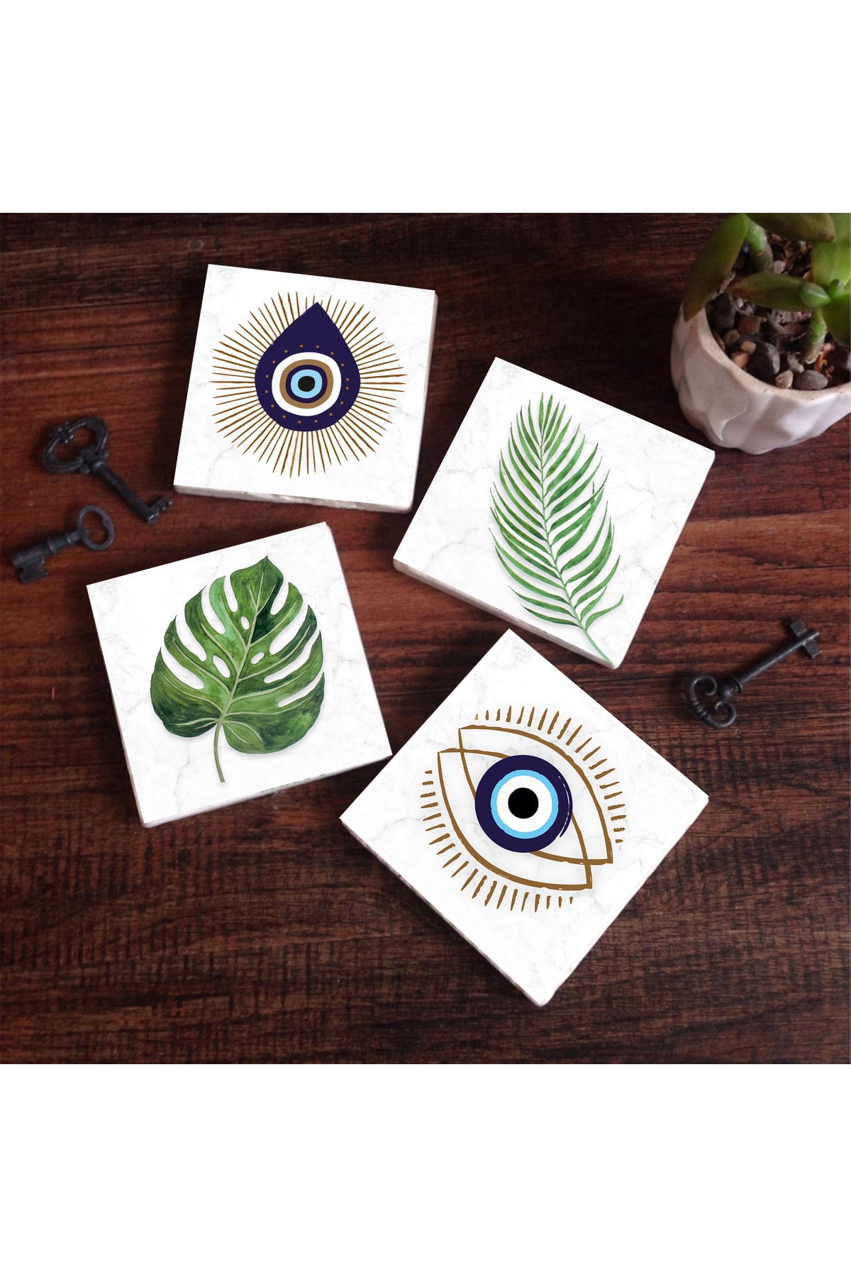 Pinecone Nazar, Yaprak Taş Bardak Altlığı Seti - 4 Parça - Dekoratif, Rustik Mutfak Aksesuarı, 10x10 cm, Kaydırmaz Tabanlı, Şık ve Dayanıklı SC353