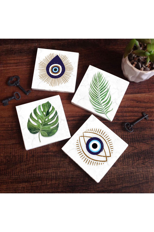 Pinecone Nazar, Yaprak Taş Bardak Altlığı Seti - 4 Parça - Dekoratif, Rustik Mutfak Aksesuarı, 10x10 cm, Kaydırmaz Tabanlı, Şık ve Dayanıklı SC353