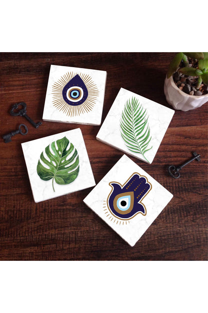 Pinecone Fatma Ana Eli (Hamsa), Nazar, Yaprak Taş Bardak Altlığı Seti - 4 Parça - Dekoratif, Rustik Mutfak Aksesuarı, 10x10 cm, Kaydırmaz Tabanlı, Şık ve Dayanıklı SC354