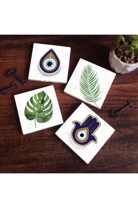 Pinecone Nazar, Fatma Ana Eli (Hamsa), Yaprak Taş Bardak Altlığı Seti - 4 Parça - Dekoratif, Rustik Mutfak Aksesuarı, 10x10 cm, Kaydırmaz Tabanlı, Şık ve Dayanıklı SC355