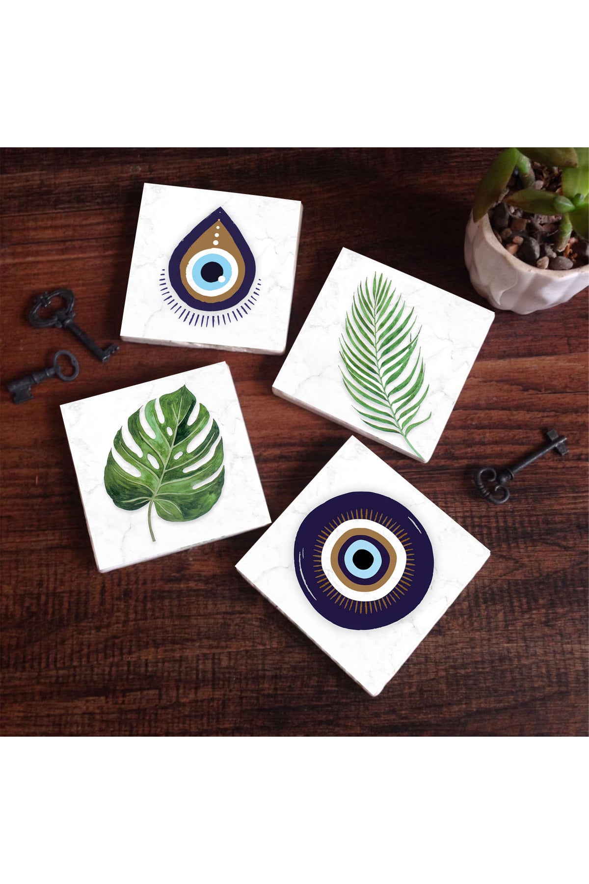 Pinecone Nazar, Yaprak Taş Bardak Altlığı Seti - 4 Parça - Dekoratif, Rustik Mutfak Aksesuarı, 10x10 cm, Kaydırmaz Tabanlı, Şık ve Dayanıklı SC356