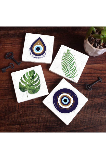 Pinecone Nazar, Yaprak Taş Bardak Altlığı Seti - 4 Parça - Dekoratif, Rustik Mutfak Aksesuarı, 10x10 cm, Kaydırmaz Tabanlı, Şık ve Dayanıklı SC356