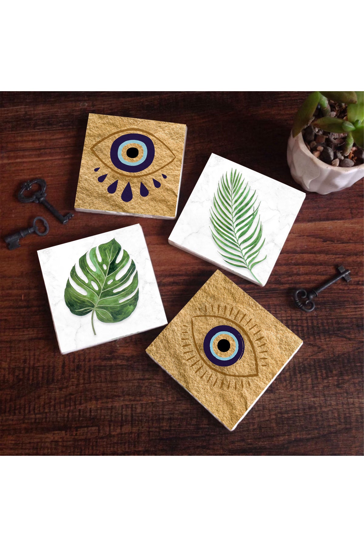 Pinecone Nazar, Yaprak Taş Bardak Altlığı Seti - 4 Parça - Dekoratif, Rustik Mutfak Aksesuarı, 10x10 cm, Kaydırmaz Tabanlı, Şık ve Dayanıklı SC357