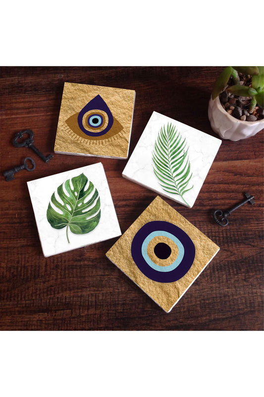 Pinecone Nazar, Yaprak Taş Bardak Altlığı Seti - 4 Parça - Dekoratif, Rustik Mutfak Aksesuarı, 10x10 cm, Kaydırmaz Tabanlı, Şık ve Dayanıklı SC358