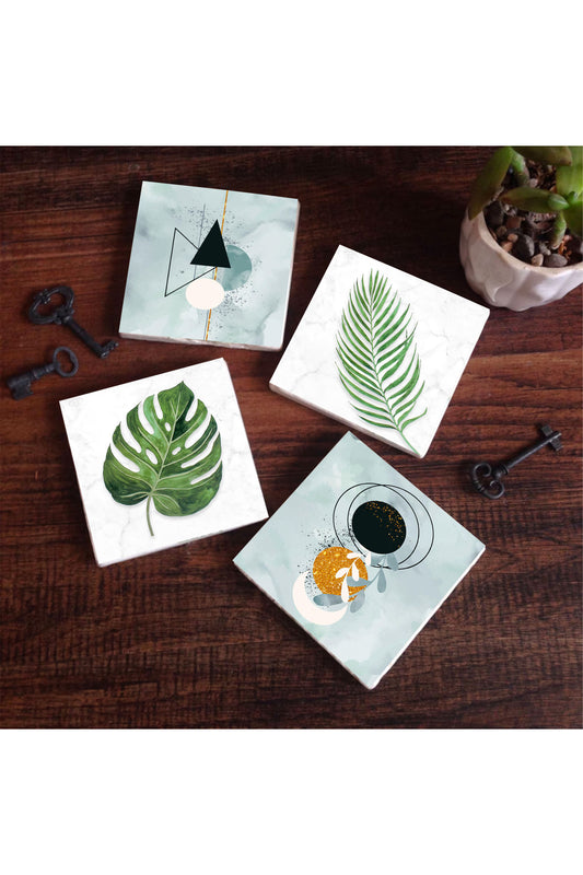 Pinecone Minimalist Soyut, Yaprak Taş Bardak Altlığı Seti - 4 Parça - Dekoratif, Rustik Mutfak Aksesuarı, 10x10 cm, Kaydırmaz Tabanlı, Şık ve Dayanıklı SC359