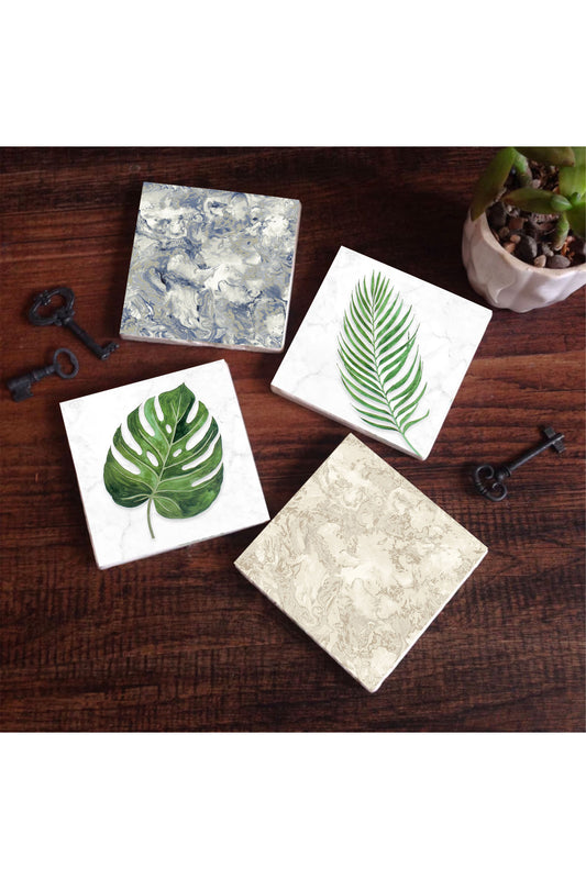 Pinecone Yaprak, Desen Taş Bardak Altlığı Seti - 4 Parça - Dekoratif, Rustik Mutfak Aksesuarı, 10x10 cm, Kaydırmaz Tabanlı, Şık ve Dayanıklı SC361