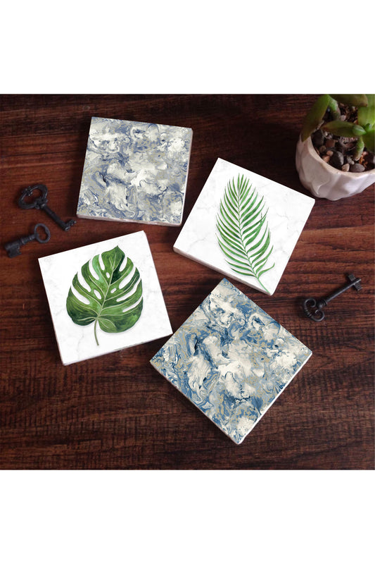 Pinecone Yaprak, Desen Taş Bardak Altlığı Seti - 4 Parça - Dekoratif, Rustik Mutfak Aksesuarı, 10x10 cm, Kaydırmaz Tabanlı, Şık ve Dayanıklı SC362
