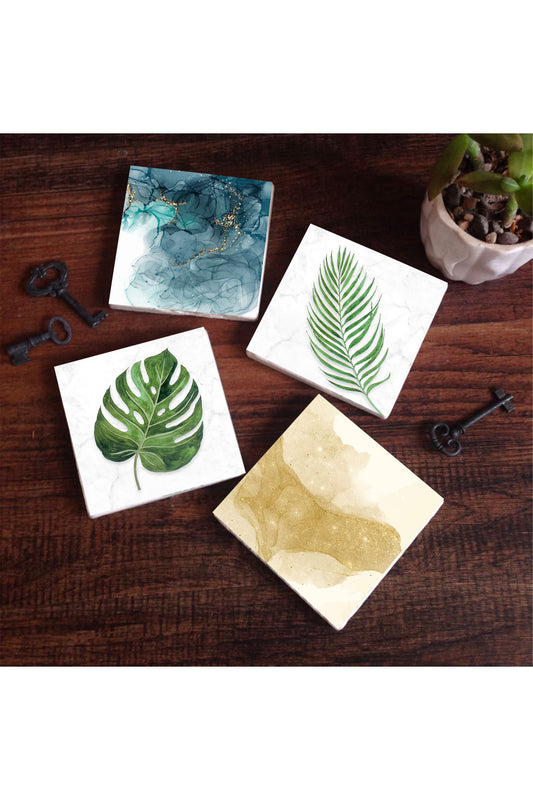 Pinecone Yaprak, Soyut Sanat Taş Bardak Altlığı Seti - 4 Parça - Dekoratif, Rustik Mutfak Aksesuarı, 10x10 cm, Kaydırmaz Tabanlı, Şık ve Dayanıklı SC363