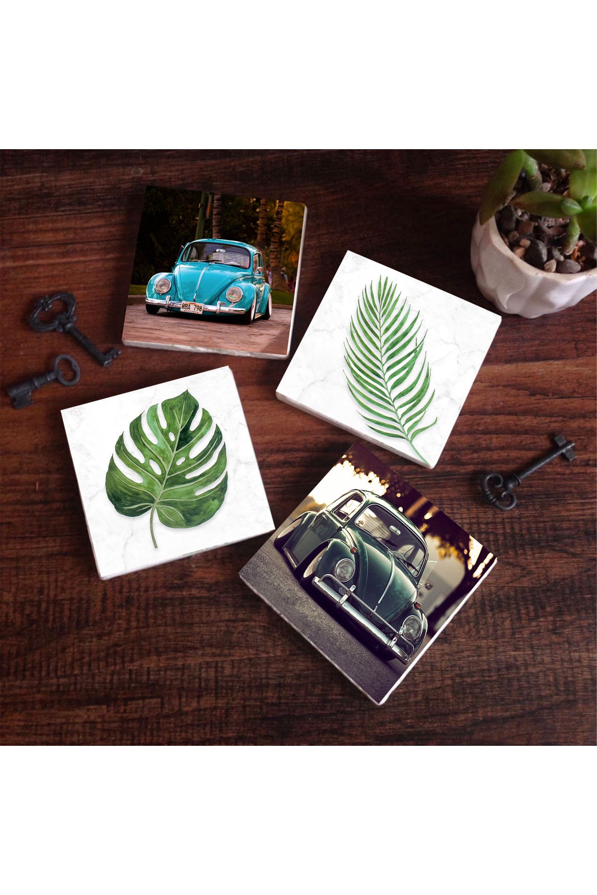 Pinecone Yaprak, Vosvos Araba Taş Bardak Altlığı Seti - 4 Parça - Dekoratif, Rustik Mutfak Aksesuarı, 10x10 cm, Kaydırmaz Tabanlı, Şık ve Dayanıklı SC364