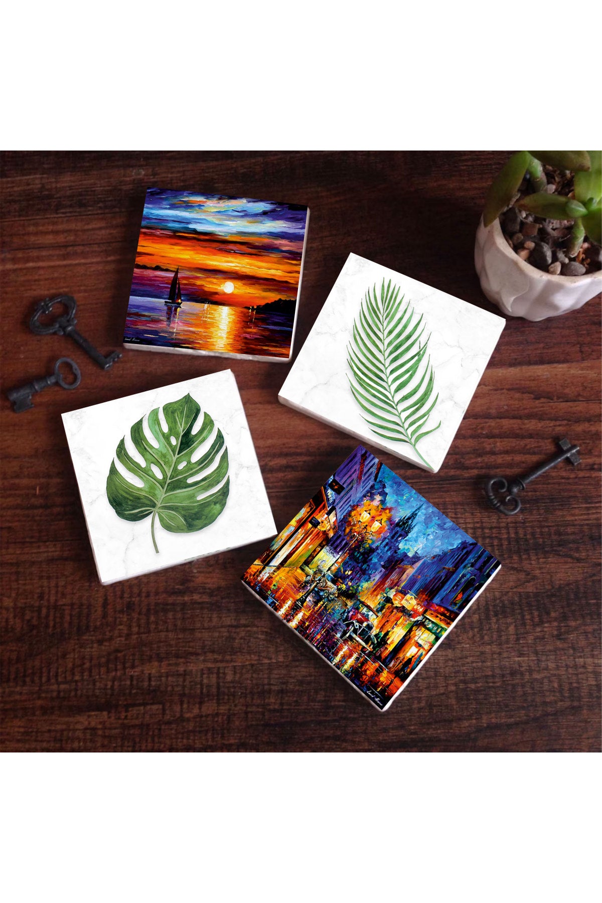 Pinecone Yaprak, Deniz Manzarası, Sokak Manzarası Taş Bardak Altlığı Seti - 4 Parça - Dekoratif, Rustik Mutfak Aksesuarı, 10x10 cm, Kaydırmaz Tabanlı, Şık ve Dayanıklı SC365