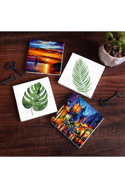 Pinecone Yaprak, Deniz Manzarası, Sokak Manzarası Taş Bardak Altlığı Seti - 4 Parça - Dekoratif, Rustik Mutfak Aksesuarı, 10x10 cm, Kaydırmaz Tabanlı, Şık ve Dayanıklı SC365