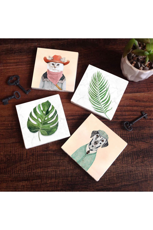 Pinecone Yaprak, Köpek, Kedi Taş Bardak Altlığı Seti - 4 Parça - Dekoratif, Rustik Mutfak Aksesuarı, 10x10 cm, Kaydırmaz Tabanlı, Şık ve Dayanıklı SC366